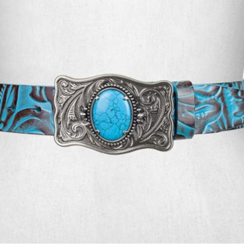 Patricia Nash Roseanna Stone Buckle Tooled Leather Belt-Turquoise-M 36" to 42"